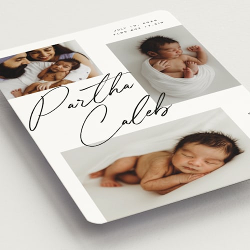 This is a charcoal birth announcement magnets with standard by Michelle Taylor called scattered trio printing on magnet paper in magnet