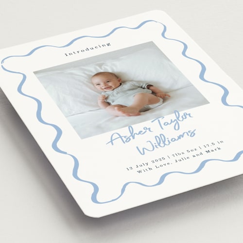 This is a dusty blue birth announcement magnets with standard by Cass Loh called handdrawn wavy frame printing on magnet paper in magnet