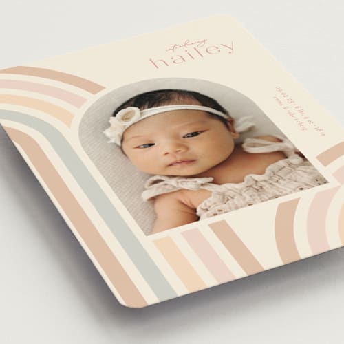 This is a taupe birth announcement magnets with standard by Ashley Iwafuchi called mod rainbow arch printing on magnet paper in magnet