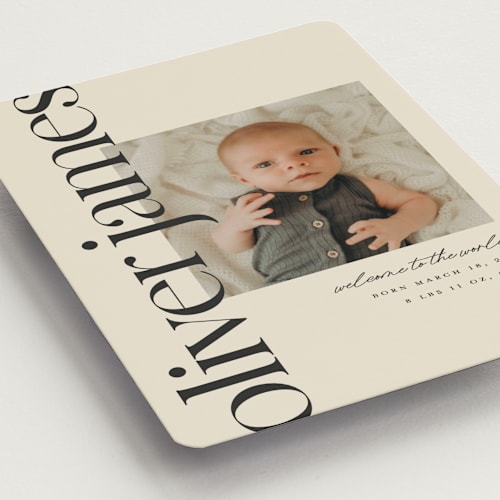 This is a cream birth announcement magnets with standard by Ellen Schlegelmilch called editorial printing on magnet paper in magnet