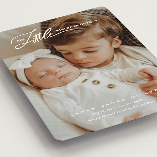 This is a cotton birth announcement magnets with standard by Creo Study called sibling intro printing on magnet paper in magnet