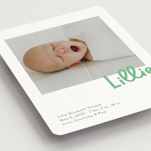 This is a clover birth announcement magnets with standard by Megan Davis called jolly good printing on magnet paper in magnet