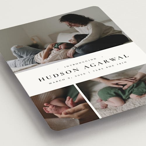 This is a noir birth announcement magnets with standard by Wildfield Paper Co called quartzite printing on magnet paper in magnet