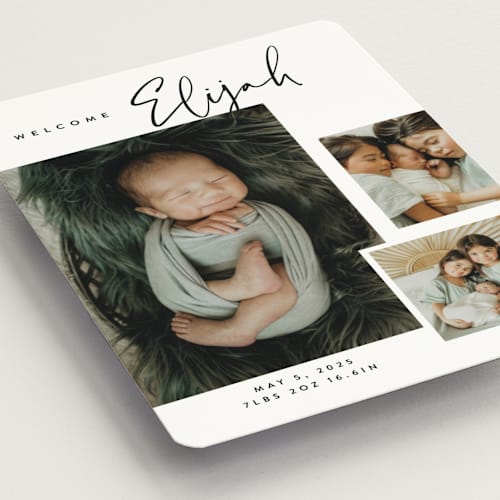 This is a coal birth announcement magnets with standard by Carolyn Nicks called written out printing on magnet paper in magnet