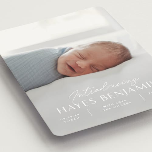 This is a snow birth announcement magnets with standard by Michelle Taylor called typographic mix printing on magnet paper in magnet