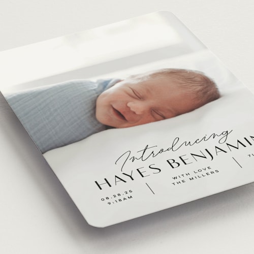 This is a coal birth announcement magnets with standard by Michelle Taylor called typographic mix printing on magnet paper in magnet