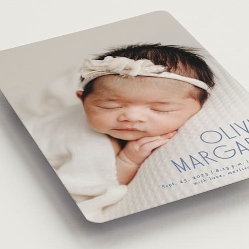 This is a denim birth announcement magnets with standard by Lisa Assenmacher called sweetly modern printing on magnet paper in magnet