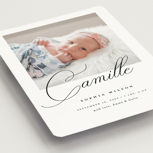 This is a ebony birth announcement magnets with standard by Benita Crandall called the script printing on magnet paper in magnet