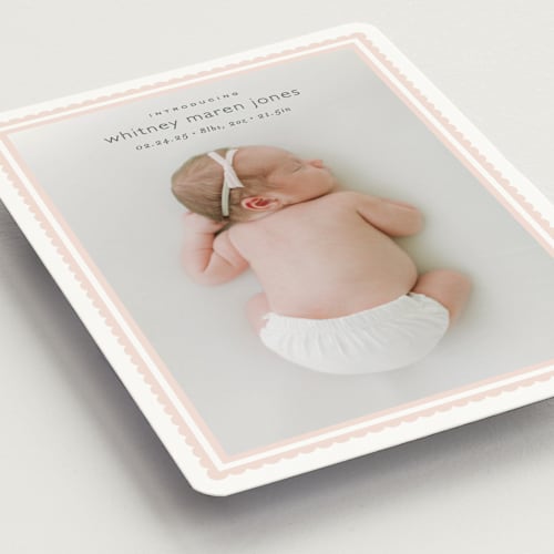 This is a baby blush birth announcement magnets with standard by Carolyn MacLaren called scalloped border printing on magnet paper in magnet