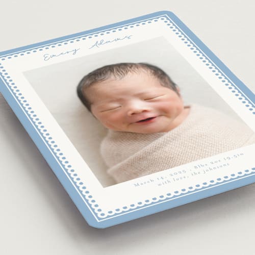 This is a sky birth announcement magnets with standard by Nicole Walsh called stitched frame printing on magnet paper in magnet
