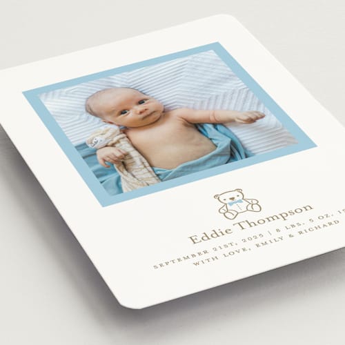 This is a baby birth announcement magnets with standard by mo kelley called teddy printing on magnet paper in magnet