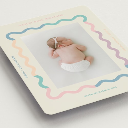 This is a cream birth announcement magnets with standard by Baumbirdy called wavy pastel frame printing on magnet paper in magnet