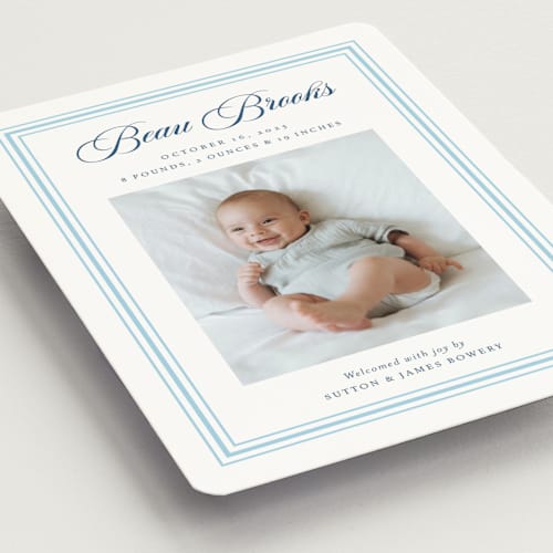 This is a baby blue birth announcement magnets with standard by Alston Foster called little darling printing on magnet paper in magnet