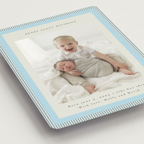 This is a powder blue birth announcement magnets with standard by Jackie Crawford called modern striped frame printing on magnet paper in magnet