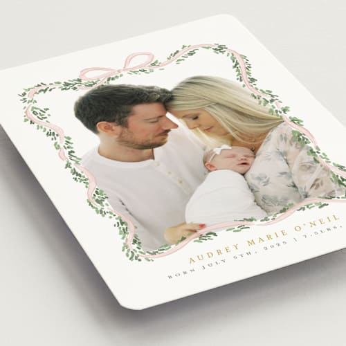 This is a blush birth announcement magnets with standard by Itsy Belle Studio called ribbonly frame printing on magnet paper in magnet