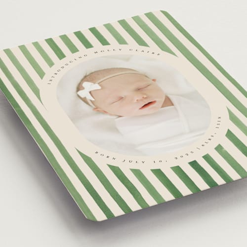 This is a candy apple birth announcement magnets with standard by Teju Reval called vintage stripes printing on magnet paper in magnet
