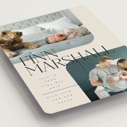This is a linen birth announcement magnets with standard by Kelly Schmidt called happy overlay printing on magnet paper in magnet