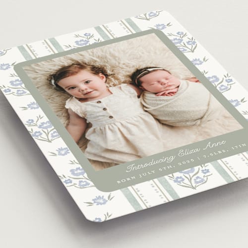This is a periwinkle birth announcement magnets with standard by Jackie Crawford called cottage watercolor ribbon printing on magnet paper in magnet