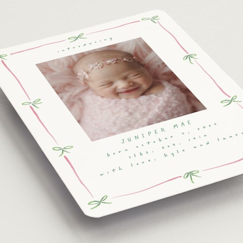 This is a candy birth announcement magnets with standard by Susan Zinader called preppy bow border printing on magnet paper in magnet