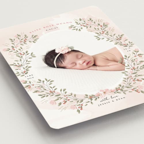 This is a blush birth announcement magnets with standard by Susan Moyal called sweet floral vine printing on magnet paper in magnet