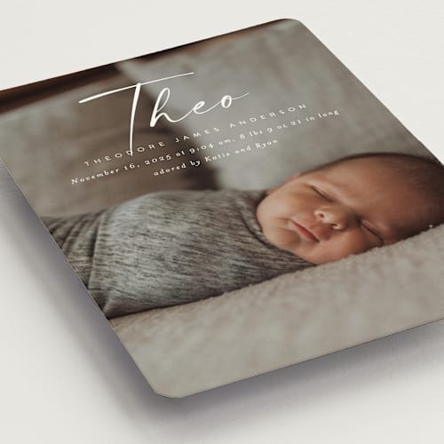 This is a linen birth announcement magnets with standard by Kasia Labocki called complete printing on magnet paper in magnet