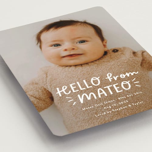 This is a cloud birth announcement magnets with standard by Jackie Crawford called fun hello printing on magnet paper in magnet