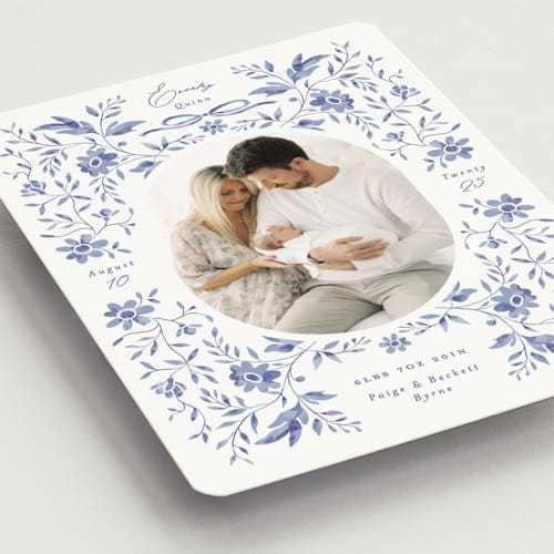 This is a bluebird birth announcement magnets with standard by Susan Zinader called daisy toile printing on magnet paper in magnet