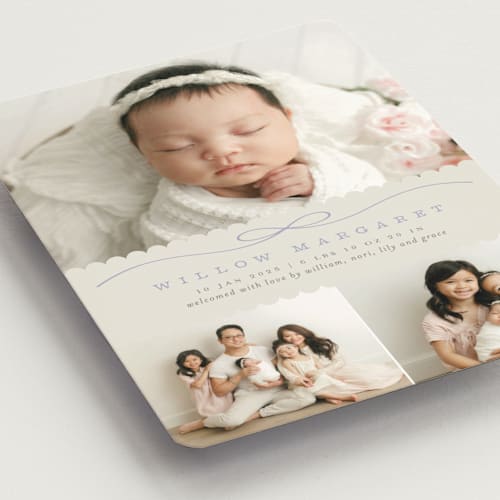 This is a periwinkle birth announcement magnets with standard by Laura Hankins called scallops printing on magnet paper in magnet