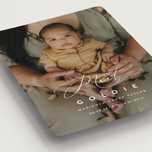 This is a linen birth announcement magnets with standard by Erica Krystek called modern meet printing on magnet paper in magnet