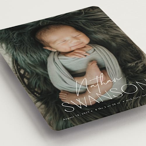 This is a snow birth announcement magnets with standard by Yaling Hou Suzuki called focus printing on magnet paper in magnet