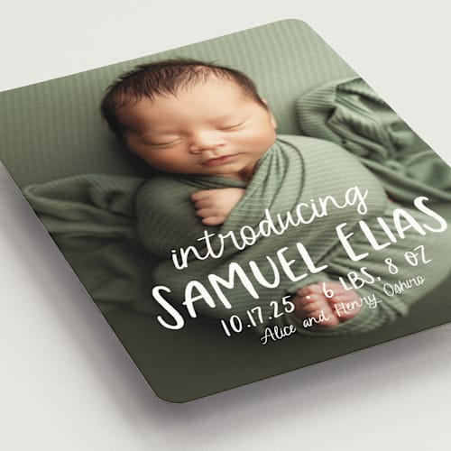 This is a cloud birth announcement magnets with standard by Lea Delaveris called all write printing on magnet paper in magnet