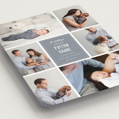 This is a graphite birth announcement magnets with standard by Sara Hicks Malone called distinguished printing on magnet paper in magnet