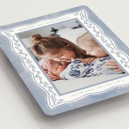 This is a cornflower birth announcement magnets with standard by Chris Griffith called baby frame printing on magnet paper in magnet