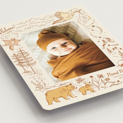 This is a cream birth announcement magnets with standard by Morgan Ramberg called baby bear printing on magnet paper in magnet