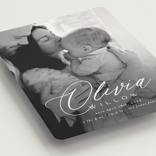 This is a cloud birth announcement magnets with standard by Everett Paper Goods called serenity printing on magnet paper in magnet