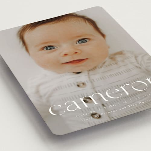 This is a cloud birth announcement magnets with standard by Ekko Studio called classy name printing on magnet paper in magnet