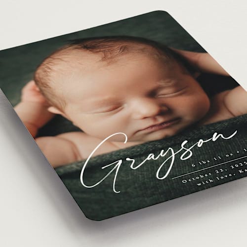 This is a frost birth announcement magnets with standard by Everett Paper Goods called linear printing on magnet paper in magnet