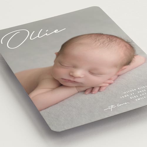 This is a cloud birth announcement magnets with standard by Brandy Folse called that's my name printing on magnet paper in magnet