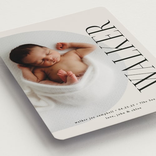 This is a cream birth announcement magnets with standard by Brianne Larsen called round printing on magnet paper in magnet