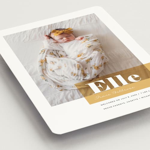 This is a marigold birth announcement magnets with standard by Maria Hilas-Louie called magazine block printing on magnet paper in magnet