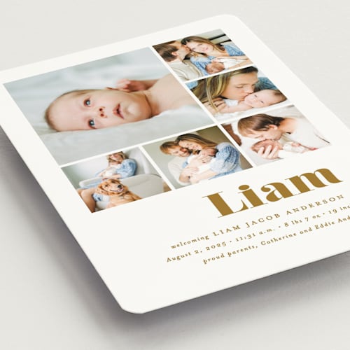 This is a golden birth announcement magnets with standard by Ana Sharpe called bold arrival printing on magnet paper in magnet