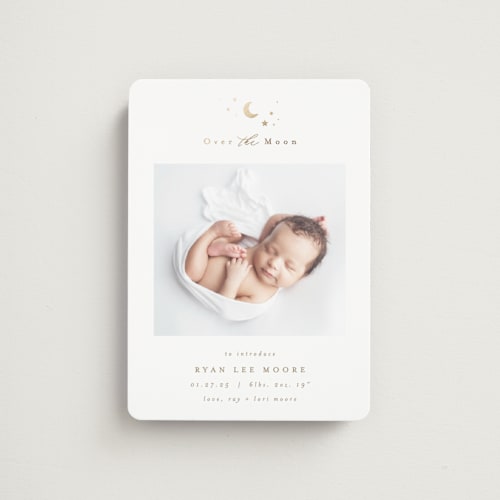 This is a fawn birth announcement magnets with foil pressed by AK Graphics called over the moon printing on magnet paper in magnet