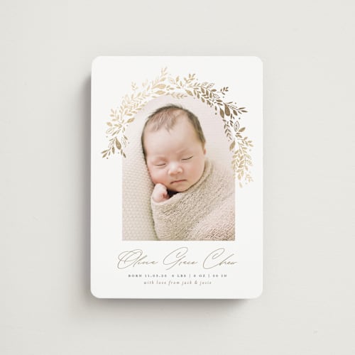 This is a fawn birth announcement magnets with foil pressed by Susan Zinader called floral arch printing on magnet paper in magnet