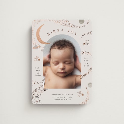 This is a mocha birth announcement magnets with foil pressed by Alethea and Ruth called galaxy printing on magnet paper in magnet