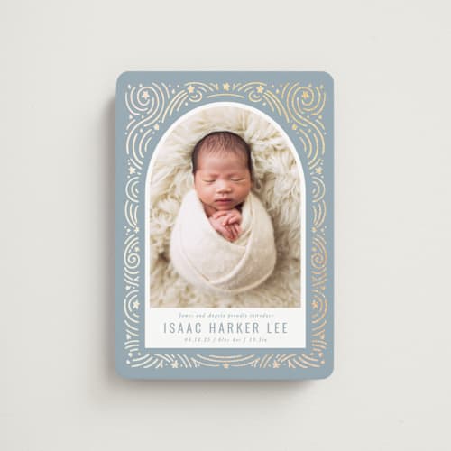This is a slateblue birth announcement magnets with foil pressed by Meggy Masters called star bright printing on magnet paper in magnet