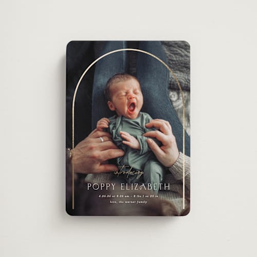 This is a linen birth announcement magnets with foil pressed by Erica Krystek called classic arch printing on magnet paper in magnet