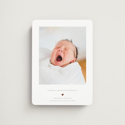 This is a charcoal birth announcement magnets with foil pressed by Blustery August called heart printing on magnet paper in magnet