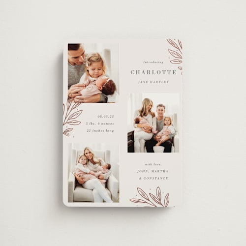 This is a rose birth announcement magnets with foil pressed by Oma N. Ramkhelawan called modern botanica printing on magnet paper in magnet