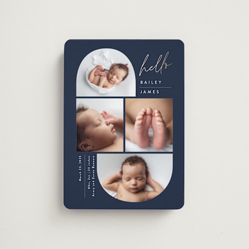 This is a navy birth announcement magnets with foil pressed by Carolyn MacLaren called so current printing on magnet paper in magnet
