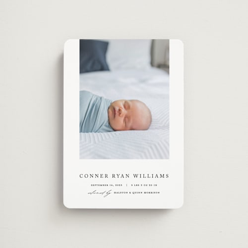 This is a onyx birth announcement magnets with standard by Pixel and Hank called dreamer printing on magnet paper in magnet